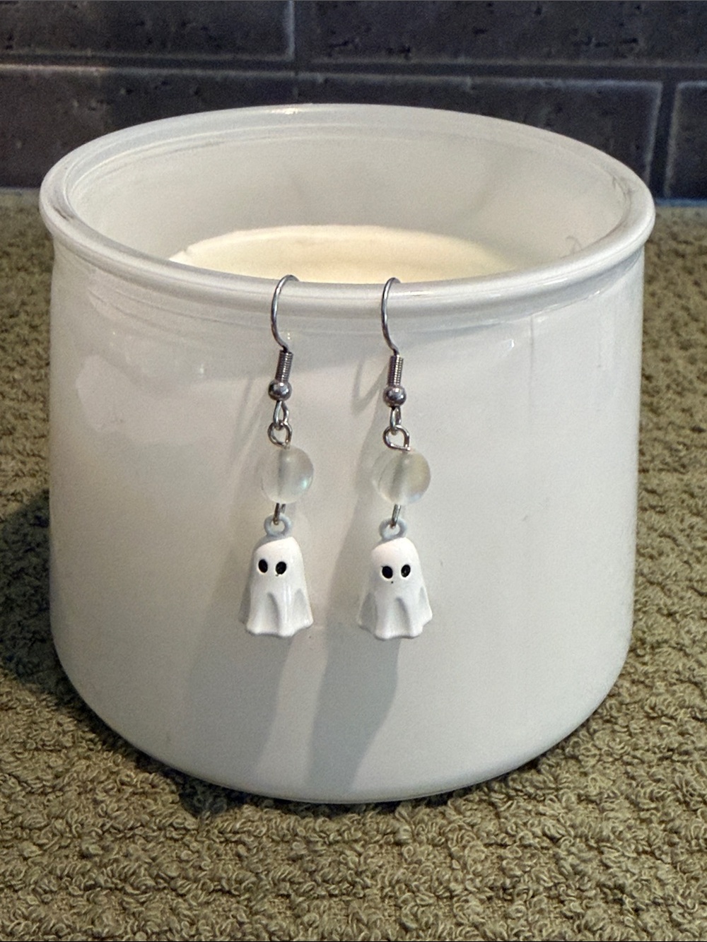 White Ghost Dangle Earrings Aura Crystal Bead Handmade Jewelry